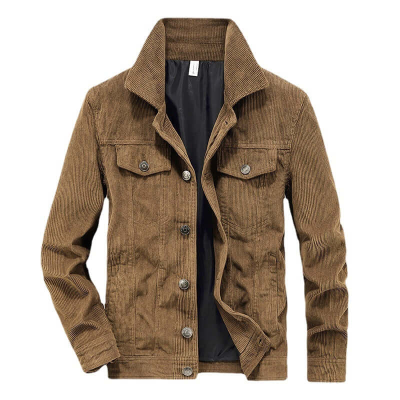 "Men's corduroy jacket in brown, thin textured finish, versatile and stylish, perfect for casual and refined looks."