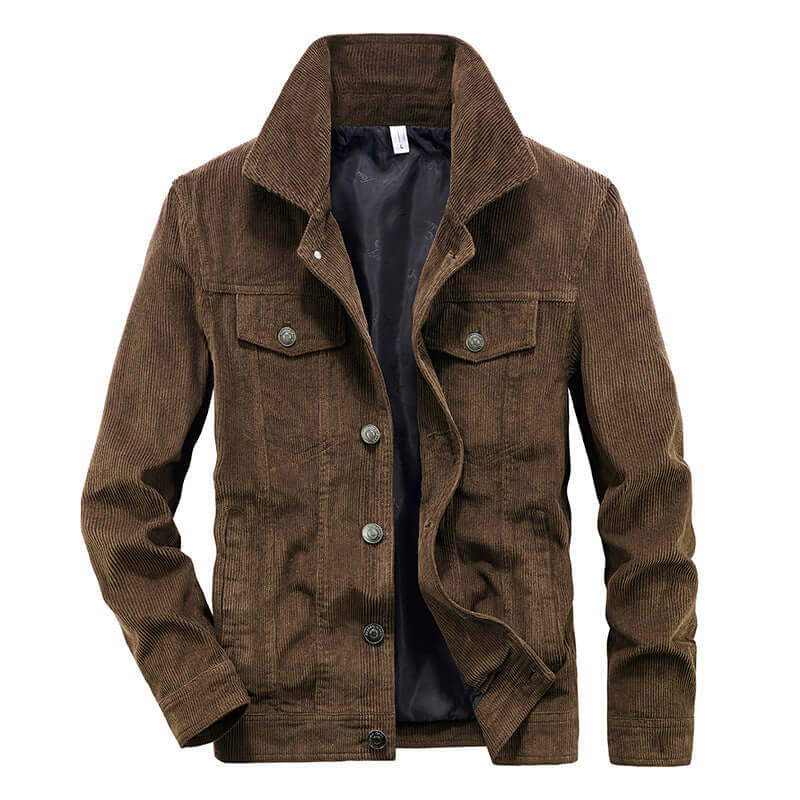 "Men's corduroy jacket in brown, thin textured finish, versatile and stylish, perfect for casual and refined looks."
