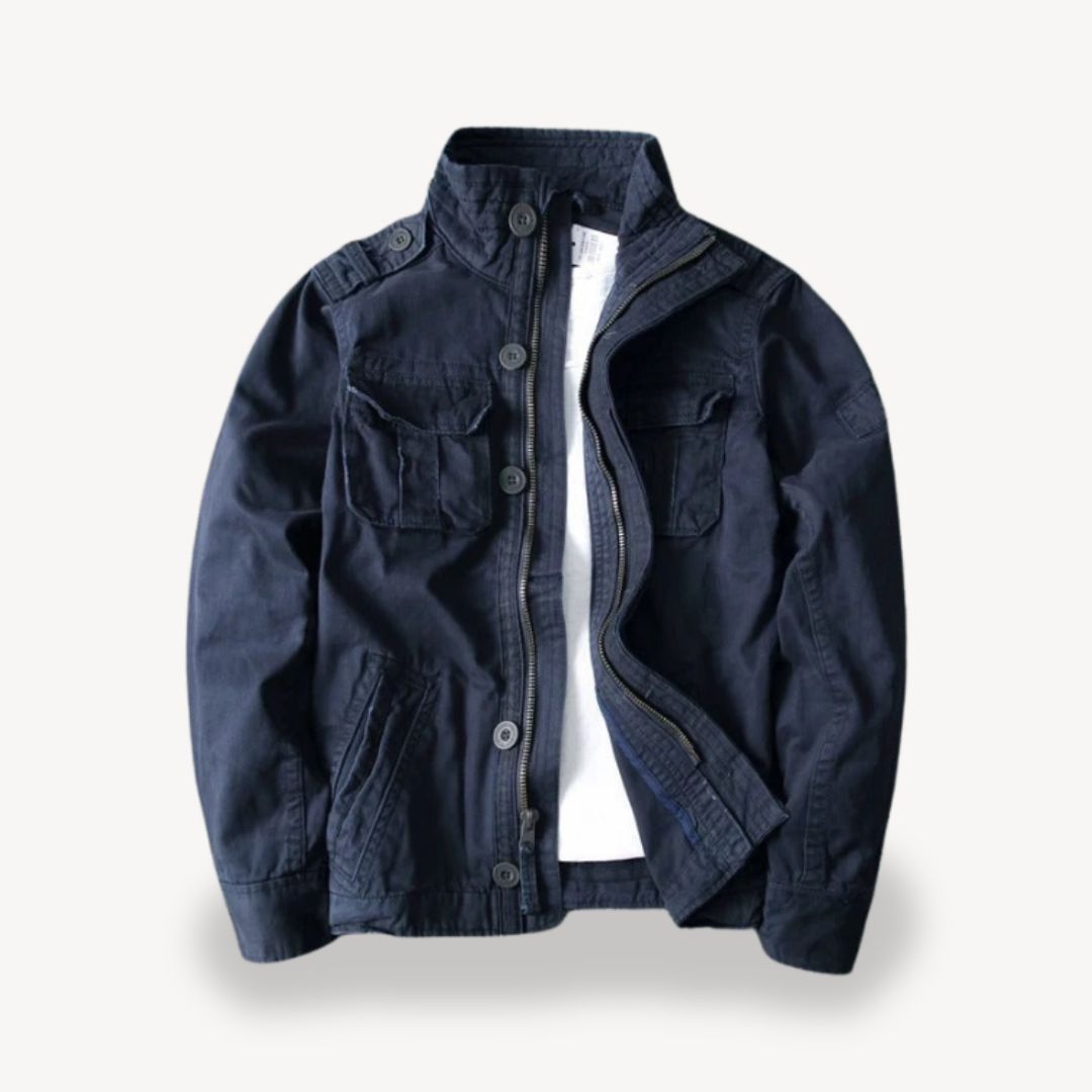"Men's cotton field jacket, military style, army green, front view with four flap pockets and stand-up collar."
