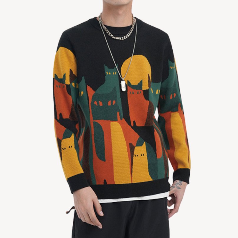 Men's cotton knitted sweater in beige with vintage cat design, perfect for stylish comfort and warmth in cooler seasons.