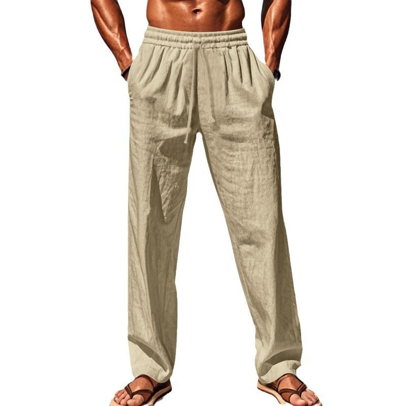 "Men's cotton linen loose trousers, breathable fabric, relaxed fit, available in Black, Grey, Khaki, Navy Blue."