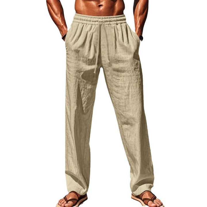 "Men's cotton linen loose trousers, breathable fabric, relaxed fit, available in Black, Grey, Khaki, Navy Blue."