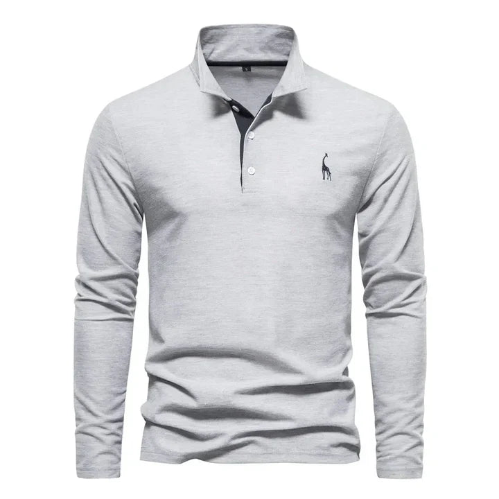 Men's cotton long-sleeved polo shirt with classic collar, shown in stylish black and red, offers modern comfort and elegance.