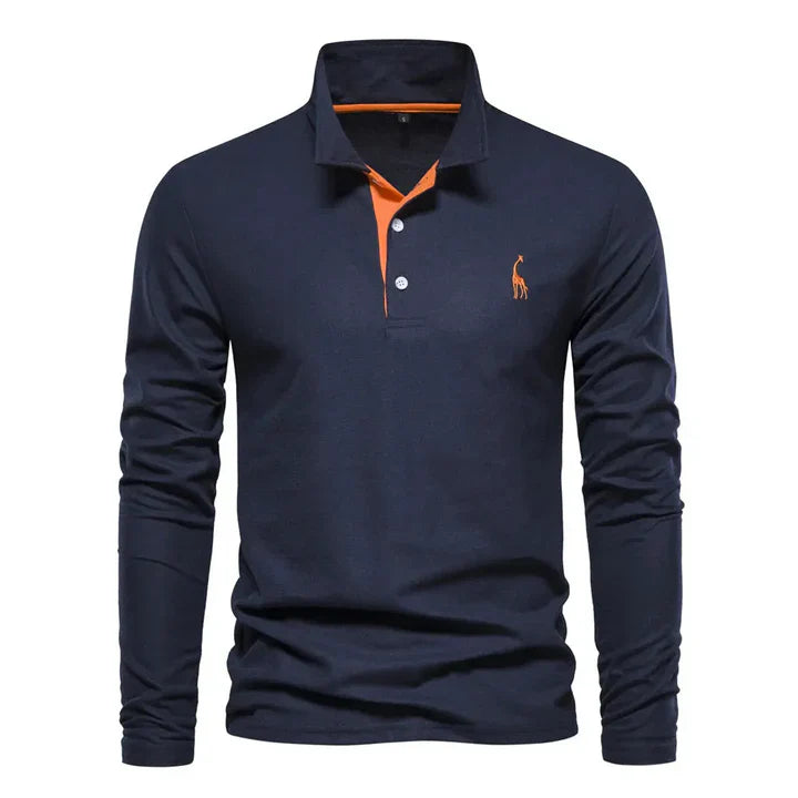 Men's cotton long-sleeved polo shirt with classic collar, shown in stylish black and red, offers modern comfort and elegance.