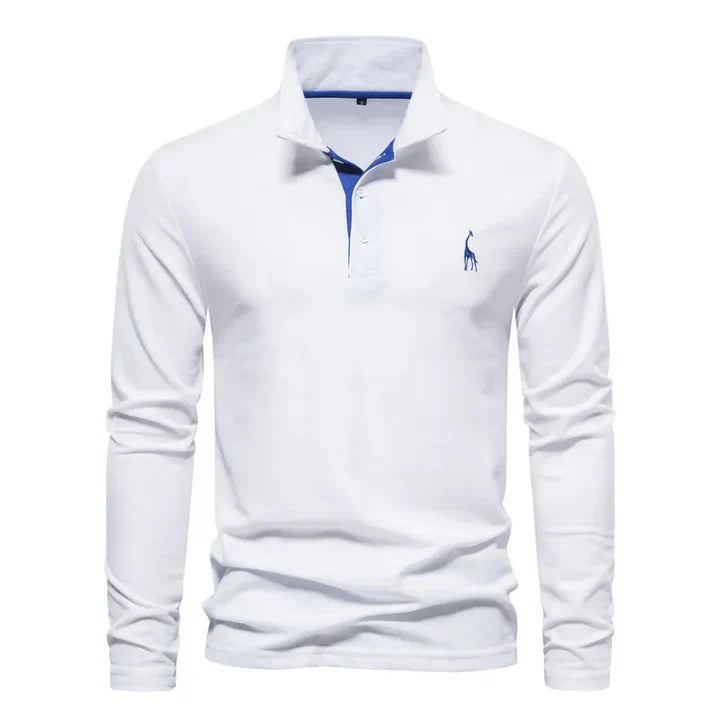 Men's cotton long-sleeved polo shirt with classic collar, shown in stylish black and red, offers modern comfort and elegance.
