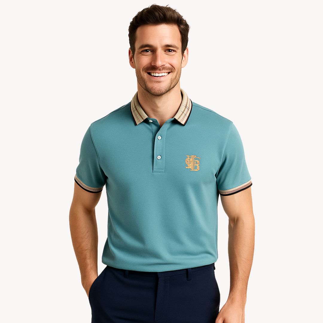"Men's cotton polo shirts in light blue, green, white, black, blue, yellow; short sleeves, classic collared design."