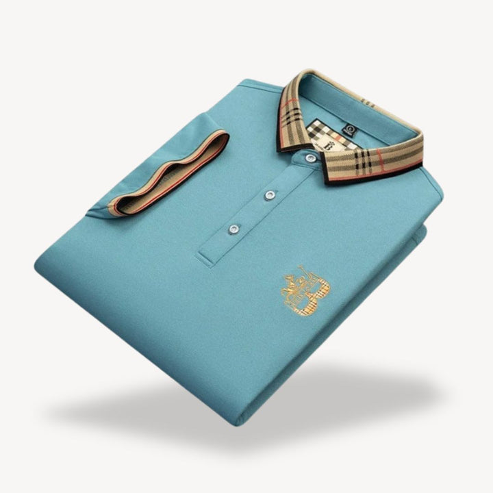 "Men's cotton polo shirts in light blue, green, white, black, blue, yellow; short sleeves, classic collared design."