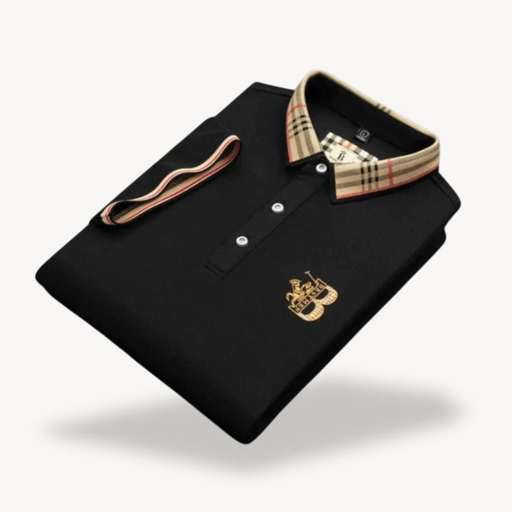 "Men's cotton polo shirts in light blue, green, white, black, blue, yellow; short sleeves, classic collared design."