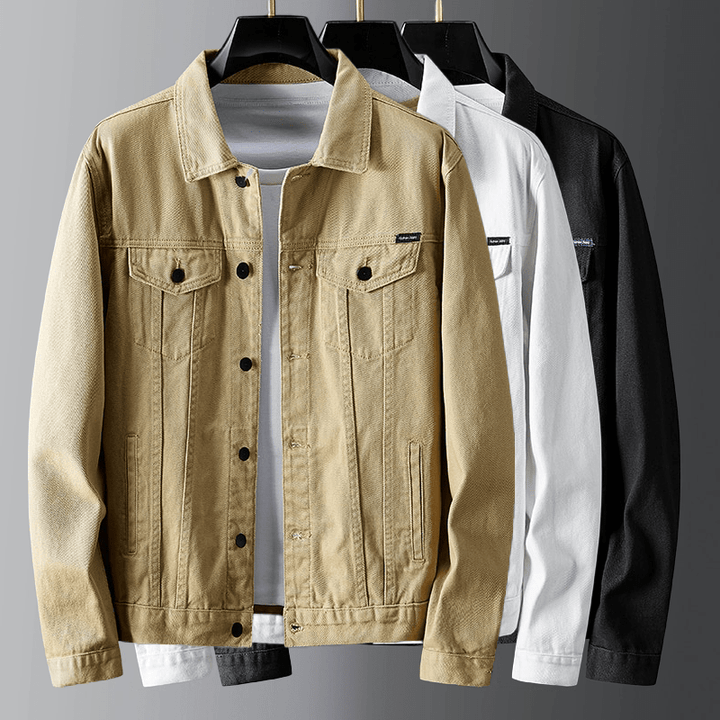 "Men's denim jacket front view with button-front closure, classic spread collar, and premium cotton fabric for style and comf