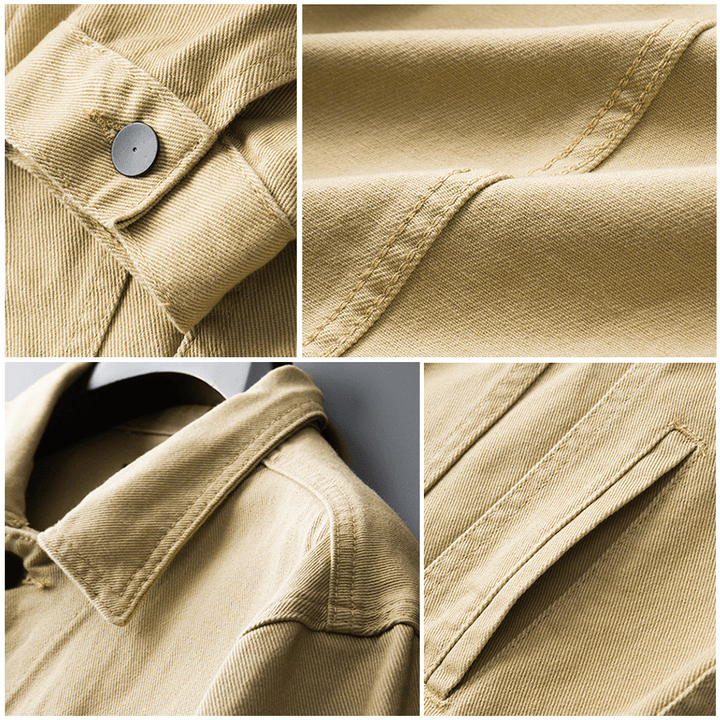 "Men's denim jacket front view with button-front closure, classic spread collar, and premium cotton fabric for style and comf