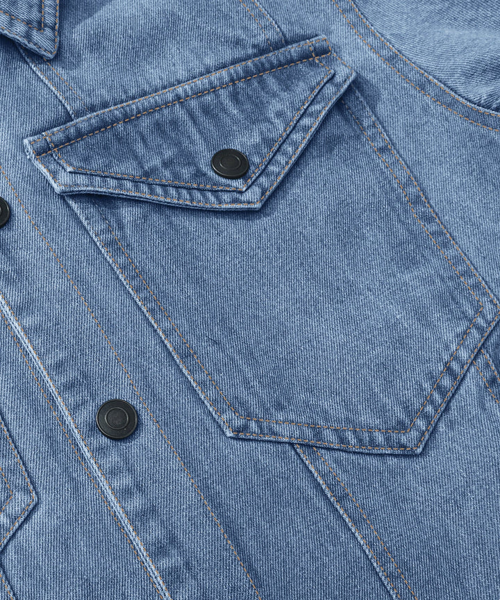 Men's denim wanderer jacket, flannel-lined, brown color, dual chest pockets, button-front closure, rugged and stylish.