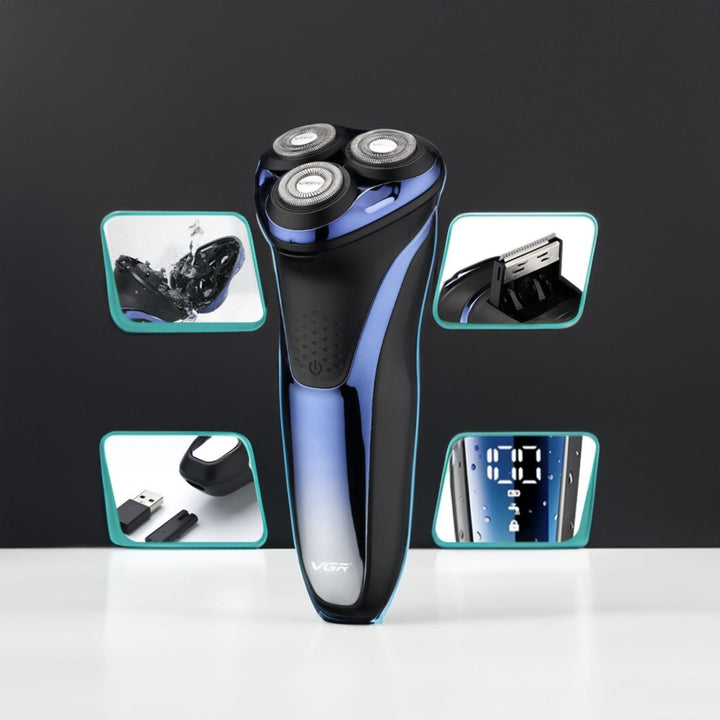 "Men's electric shaver with 3D flexible heads, sleek design, ideal for precise, smooth face contour shaving."