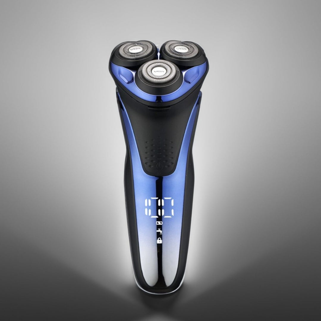 "Men's electric shaver with 3D flexible heads, sleek design, ideal for precise, smooth face contour shaving."