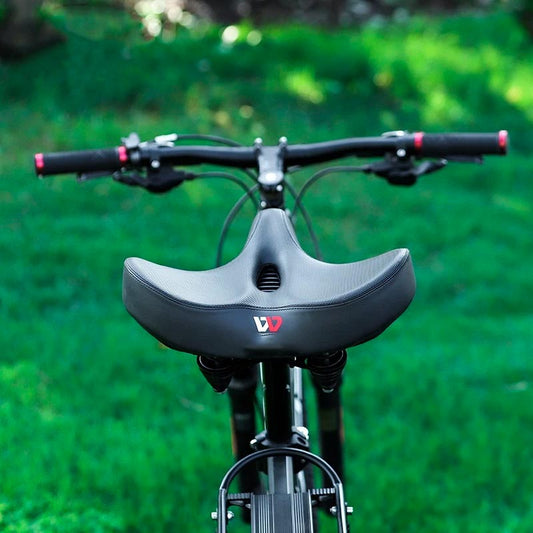 Men's extra wide breathable ergonomic bike saddle, black, padded, enhancing comfort and durability, sporting elegance.