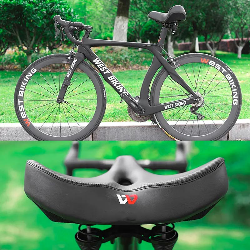 Men's extra wide breathable ergonomic bike saddle, black, padded, enhancing comfort and durability, sporting elegance.