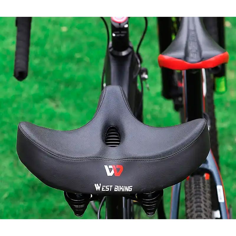 Men's extra wide breathable ergonomic bike saddle, black, padded, enhancing comfort and durability, sporting elegance.