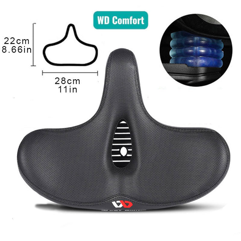 Men's extra wide breathable ergonomic bike saddle, black, padded, enhancing comfort and durability, sporting elegance.