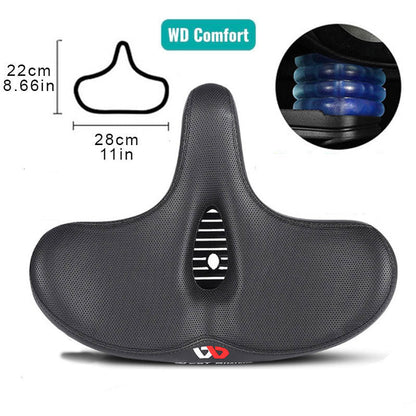 Men's extra wide breathable ergonomic bike saddle, black, padded, enhancing comfort and durability, sporting elegance.