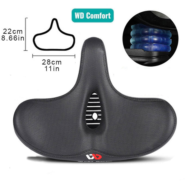 Men's extra wide breathable ergonomic bike saddle, black, padded, enhancing comfort and durability, sporting elegance.
