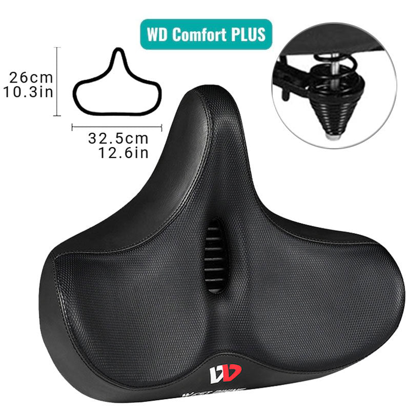 Men's extra wide breathable ergonomic bike saddle, black, padded, enhancing comfort and durability, sporting elegance.