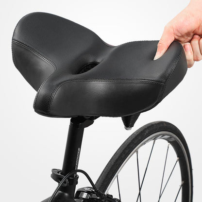 Men's extra wide breathable ergonomic bike saddle, black, padded, enhancing comfort and durability, sporting elegance.