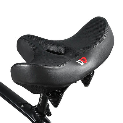 Men's extra wide breathable ergonomic bike saddle, black, padded, enhancing comfort and durability, sporting elegance.