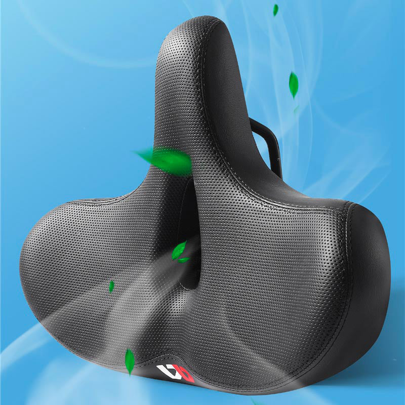 Men's extra wide breathable ergonomic bike saddle, black, padded, enhancing comfort and durability, sporting elegance.