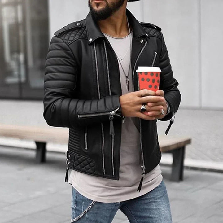 "Men's faux leather jacket with zipper closure, classic style, tailored fit, versatile for any occasion."