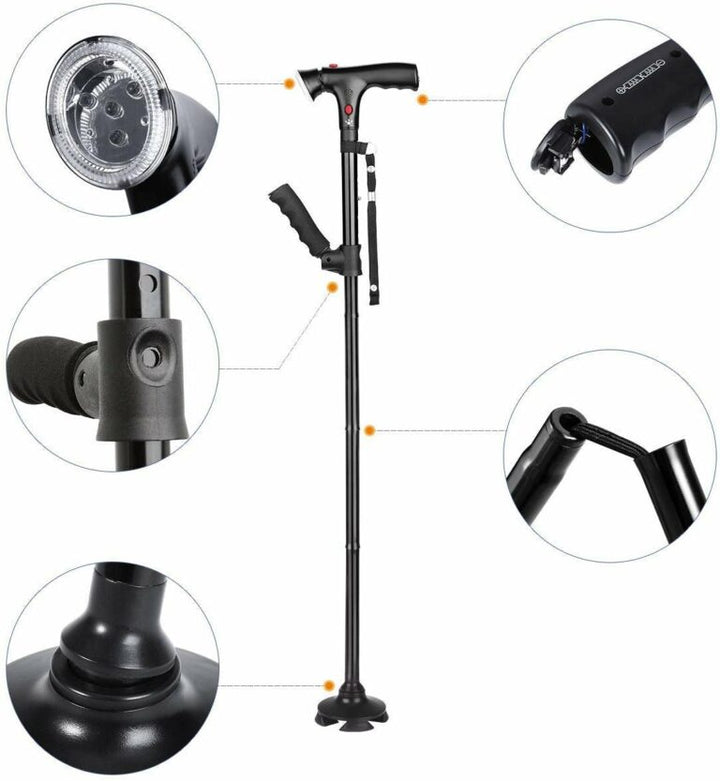 "Men's folding cane with LED light, dual handle, self-standing base; sleek design enhances mobility and safety."