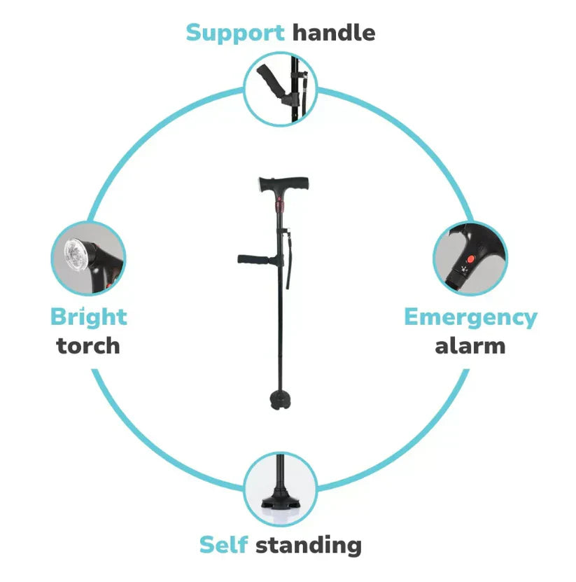 "Men's folding cane with LED light, dual handle, self-standing base; sleek design enhances mobility and safety."