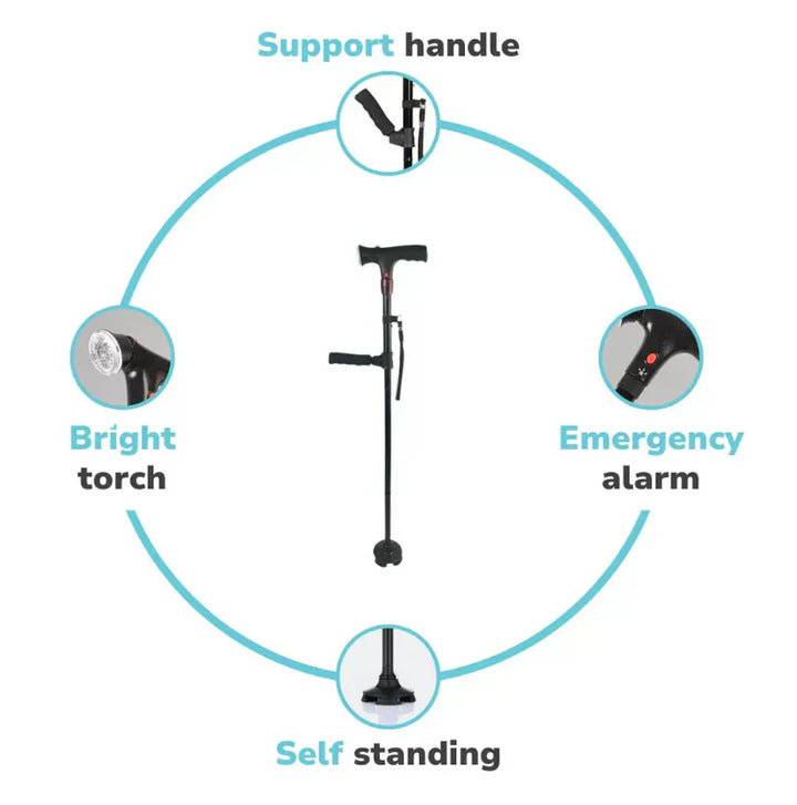 "Men's folding cane with LED light, dual handle, self-standing base; sleek design enhances mobility and safety."