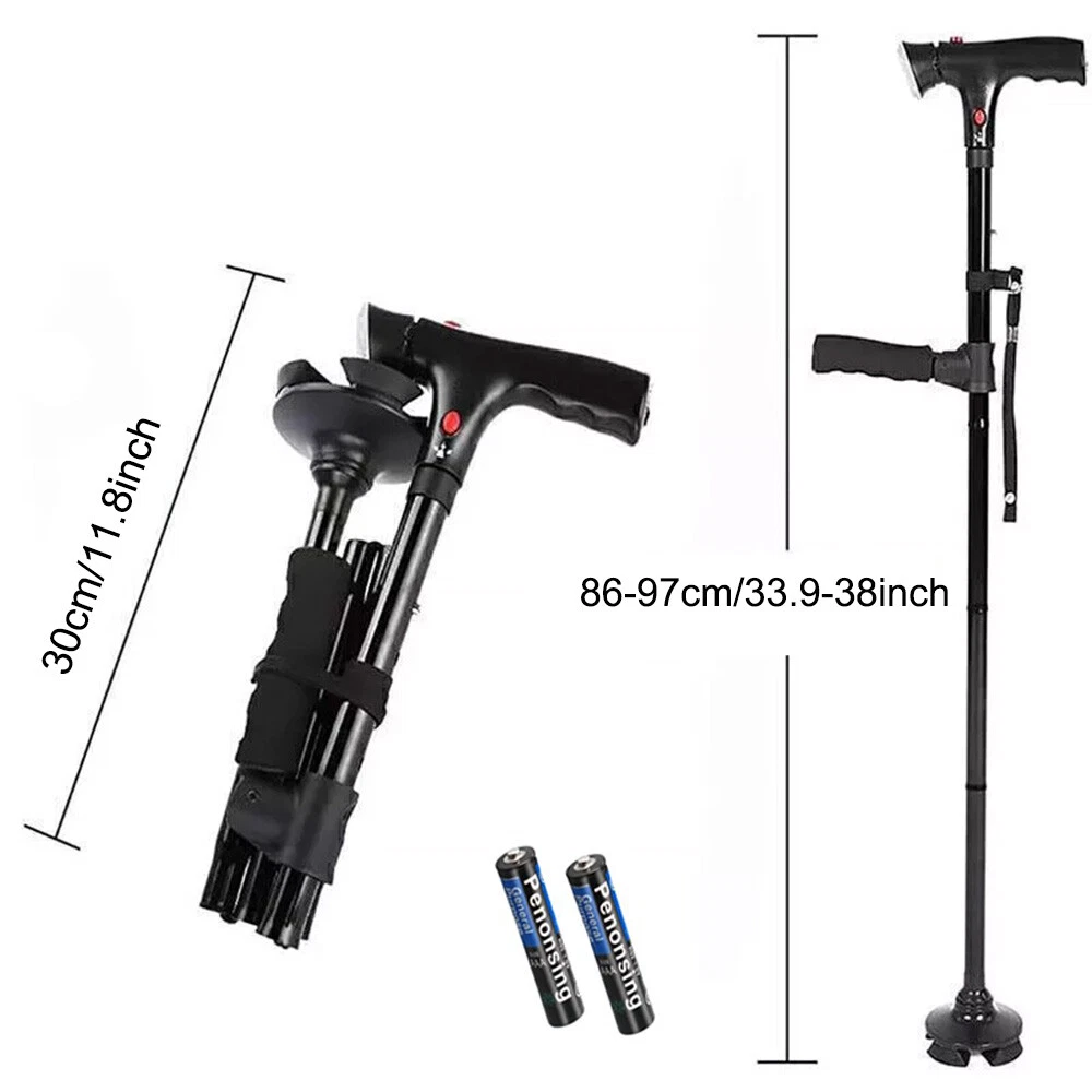 "Men's folding cane with LED light, dual handle, self-standing base; sleek design enhances mobility and safety."