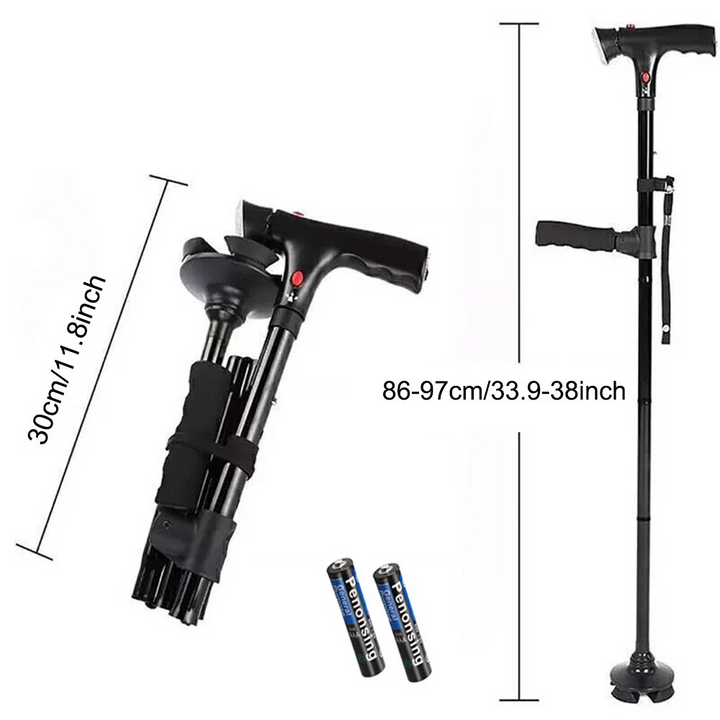 "Men's folding cane with LED light, dual handle, self-standing base; sleek design enhances mobility and safety."