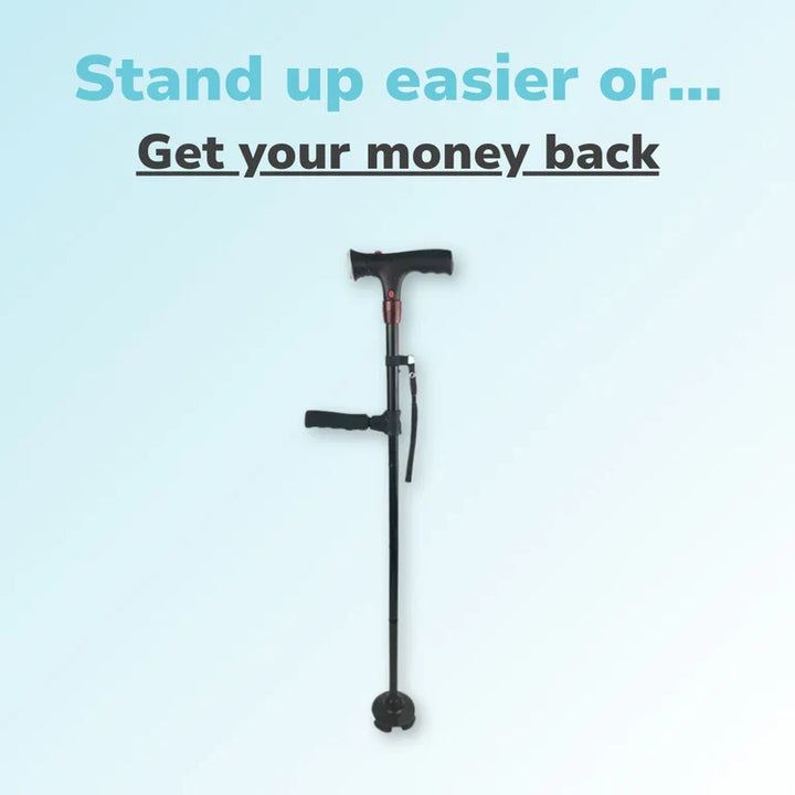 "Men's folding cane with LED light, dual handle, self-standing base; sleek design enhances mobility and safety."