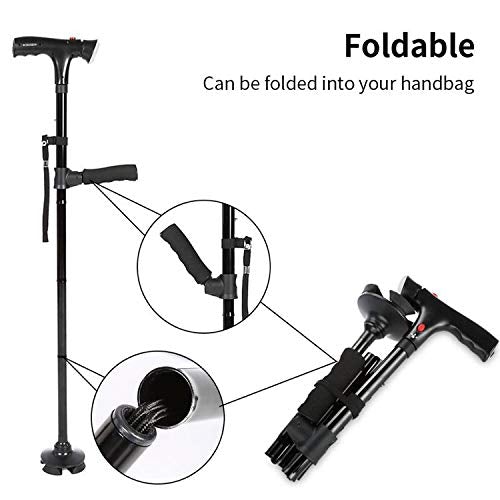 "Men's folding cane with LED light, dual handle, self-standing base; sleek design enhances mobility and safety."