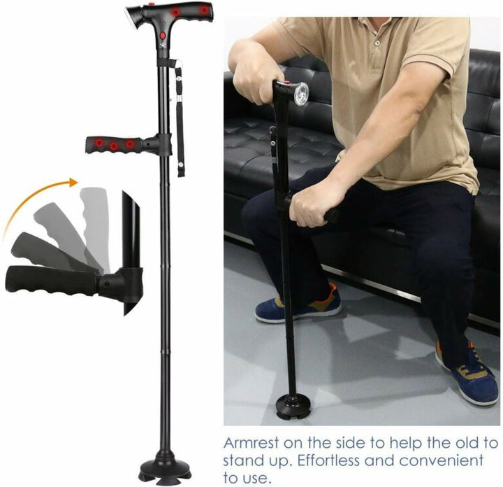 "Men's folding cane with LED light, dual handle, self-standing base; sleek design enhances mobility and safety."