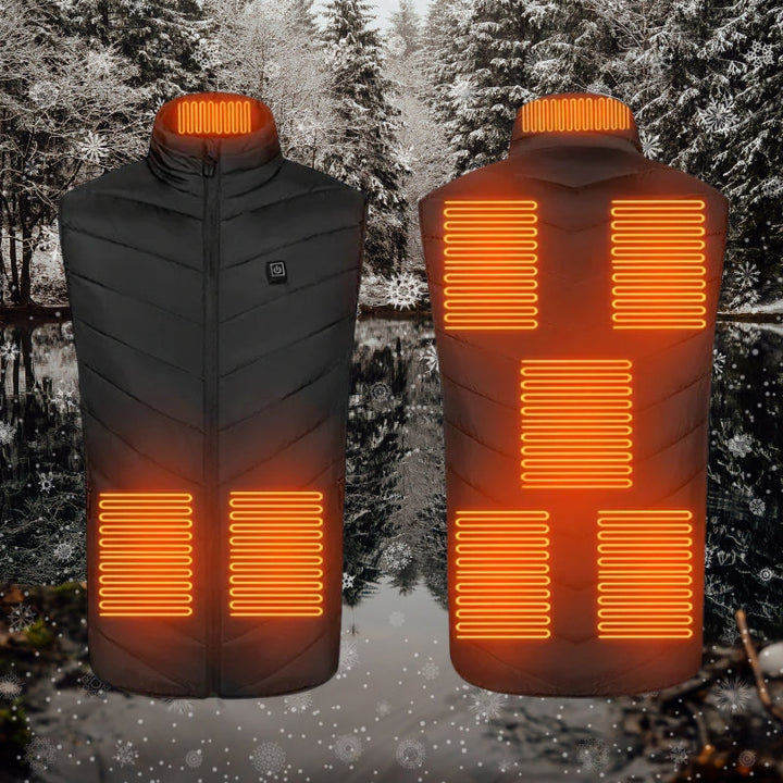 "Men's heated gilet with sleek design, lightweight body warmer, features fast heating elements, perfect for cold weather."