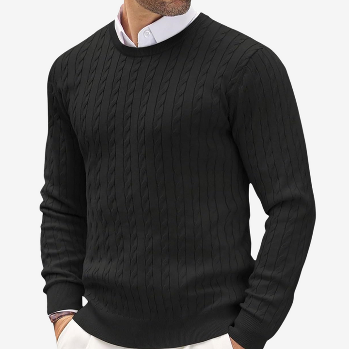 Men's knitted cashmere sweater in soft beige, showcasing luxurious texture and warmth. Ideal for elegant or casual occasions.