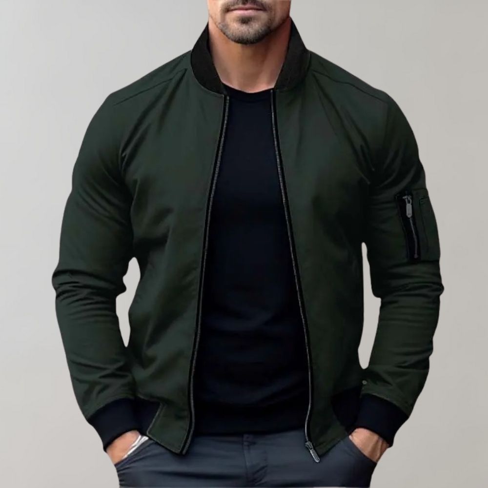 "Men's lightweight all-season bomber jacket with sleek design, zip closure, and multiple color options for versatile wear."