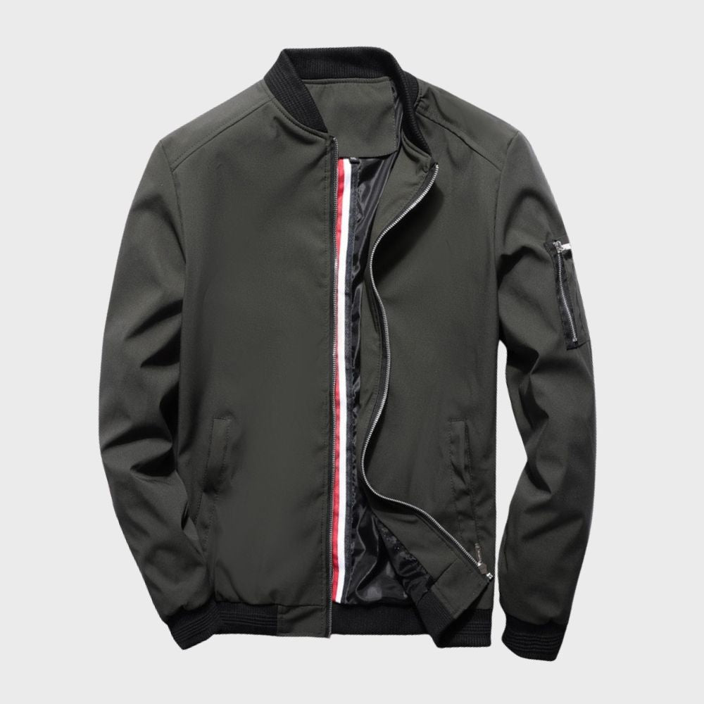 "Men's lightweight all-season bomber jacket with sleek design, zip closure, and multiple color options for versatile wear."