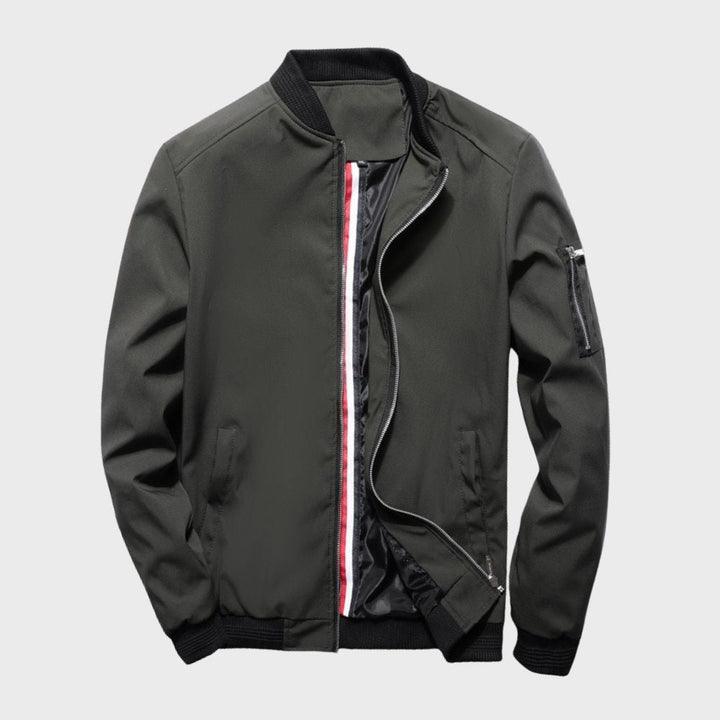 "Men's lightweight all-season bomber jacket with sleek design, zip closure, and multiple color options for versatile wear."