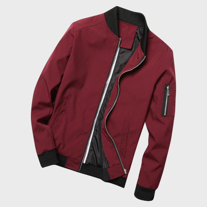 "Men's lightweight all-season bomber jacket with sleek design, zip closure, and multiple color options for versatile wear."
