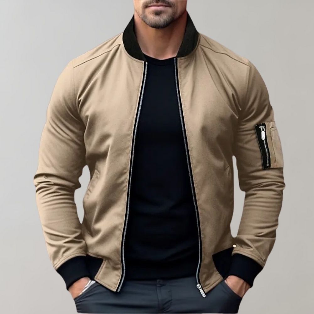 "Men's lightweight all-season bomber jacket with sleek design, zip closure, and multiple color options for versatile wear."