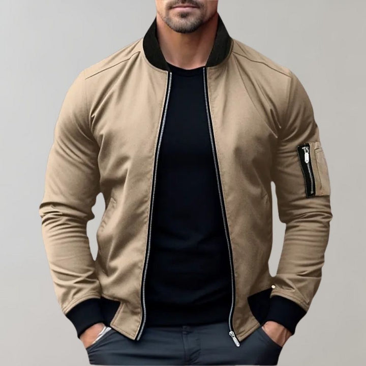 "Men's lightweight all-season bomber jacket with sleek design, zip closure, and multiple color options for versatile wear."