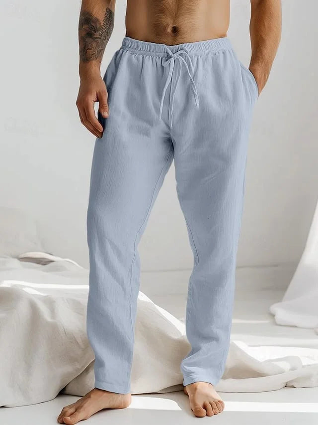"Men's lightweight linen casual trousers, multiple colors, breathable, perfect for summer, versatile style."