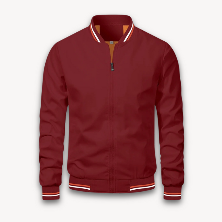 "Men's lightweight polyester bomber jacket, stylish windbreaker with zip front and ribbed cuffs, ideal for casual outings."