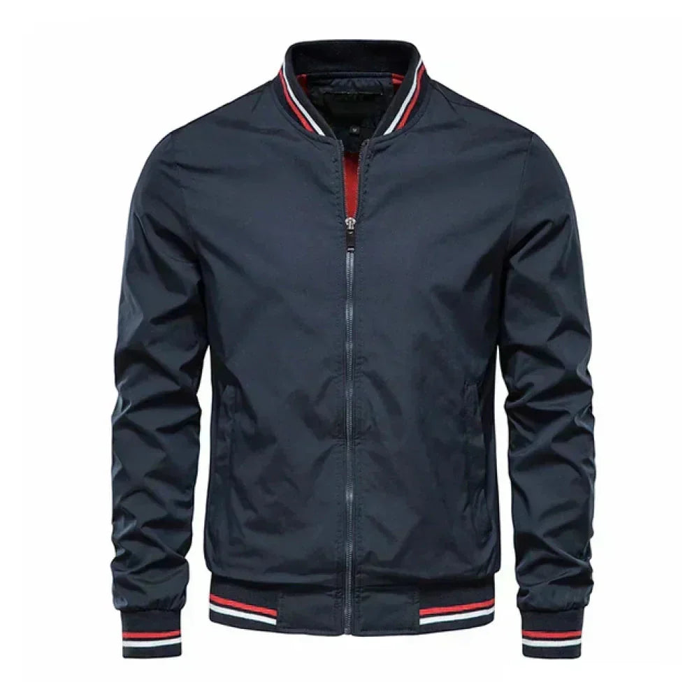 "Men's lightweight summer bomber jacket with ribbed cuffs, zip closure, sleek design in green, ideal for casual or evening we