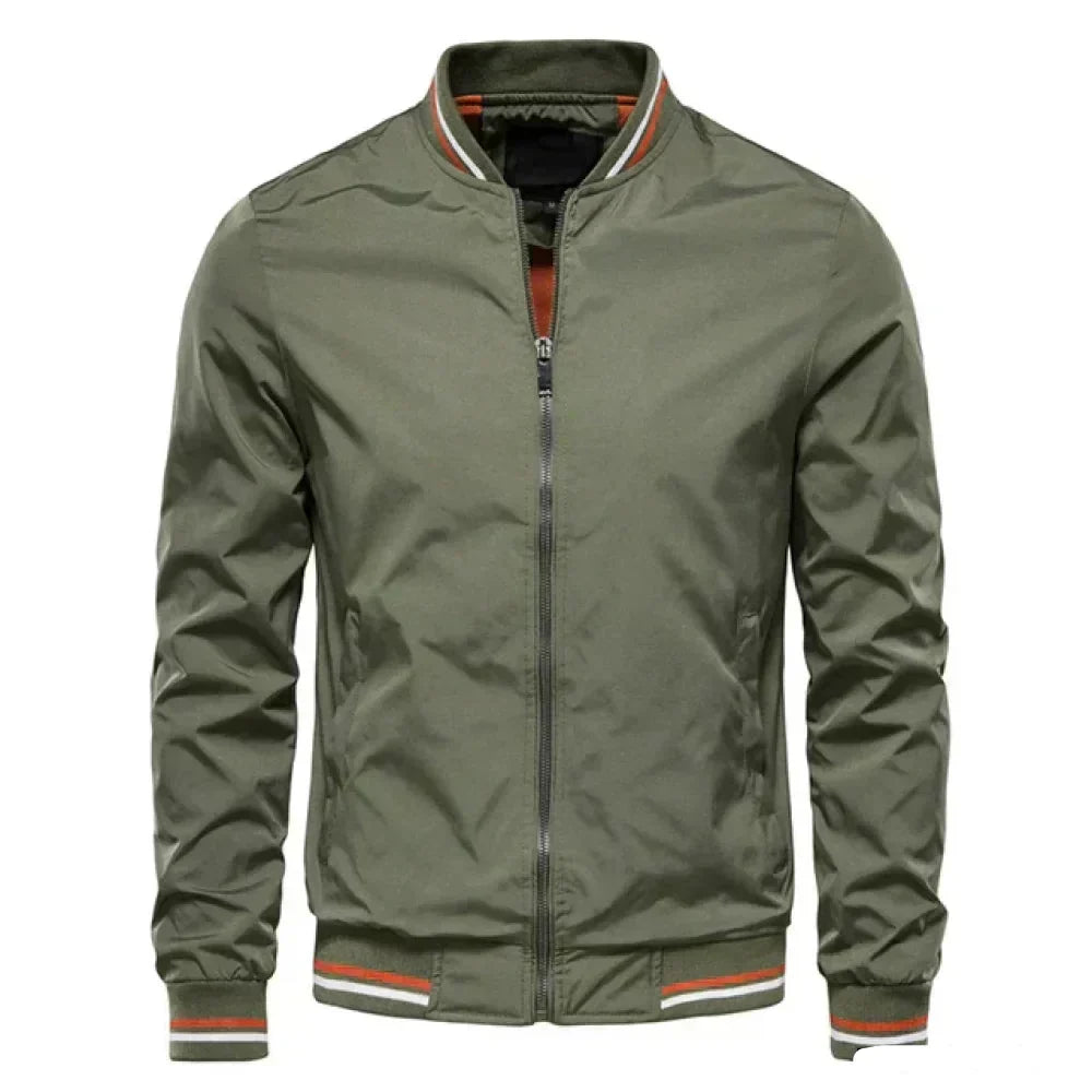 "Men's lightweight summer bomber jacket with ribbed cuffs, zip closure, sleek design in green, ideal for casual or evening we