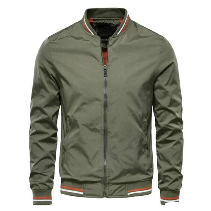 "Men's lightweight summer bomber jacket with ribbed cuffs, zip closure, sleek design in green, ideal for casual or evening we