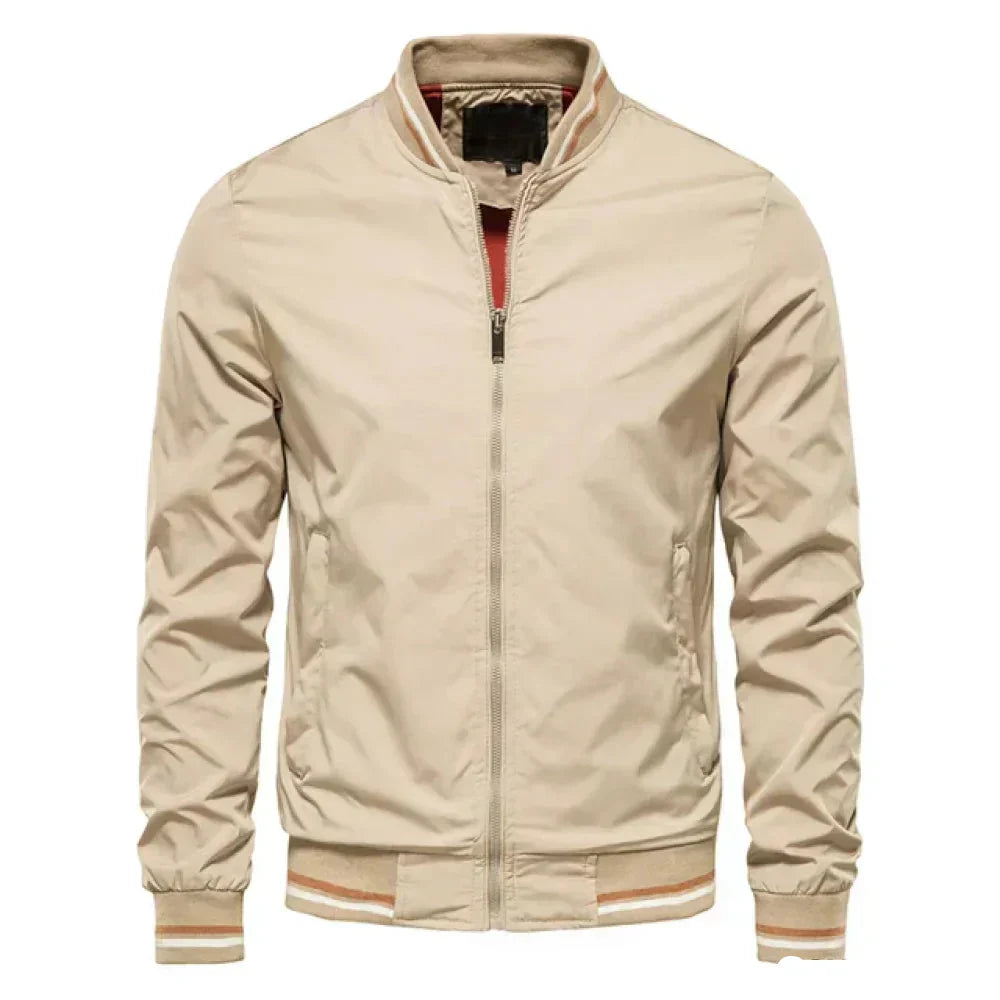 "Men's lightweight summer bomber jacket with ribbed cuffs, zip closure, sleek design in green, ideal for casual or evening we